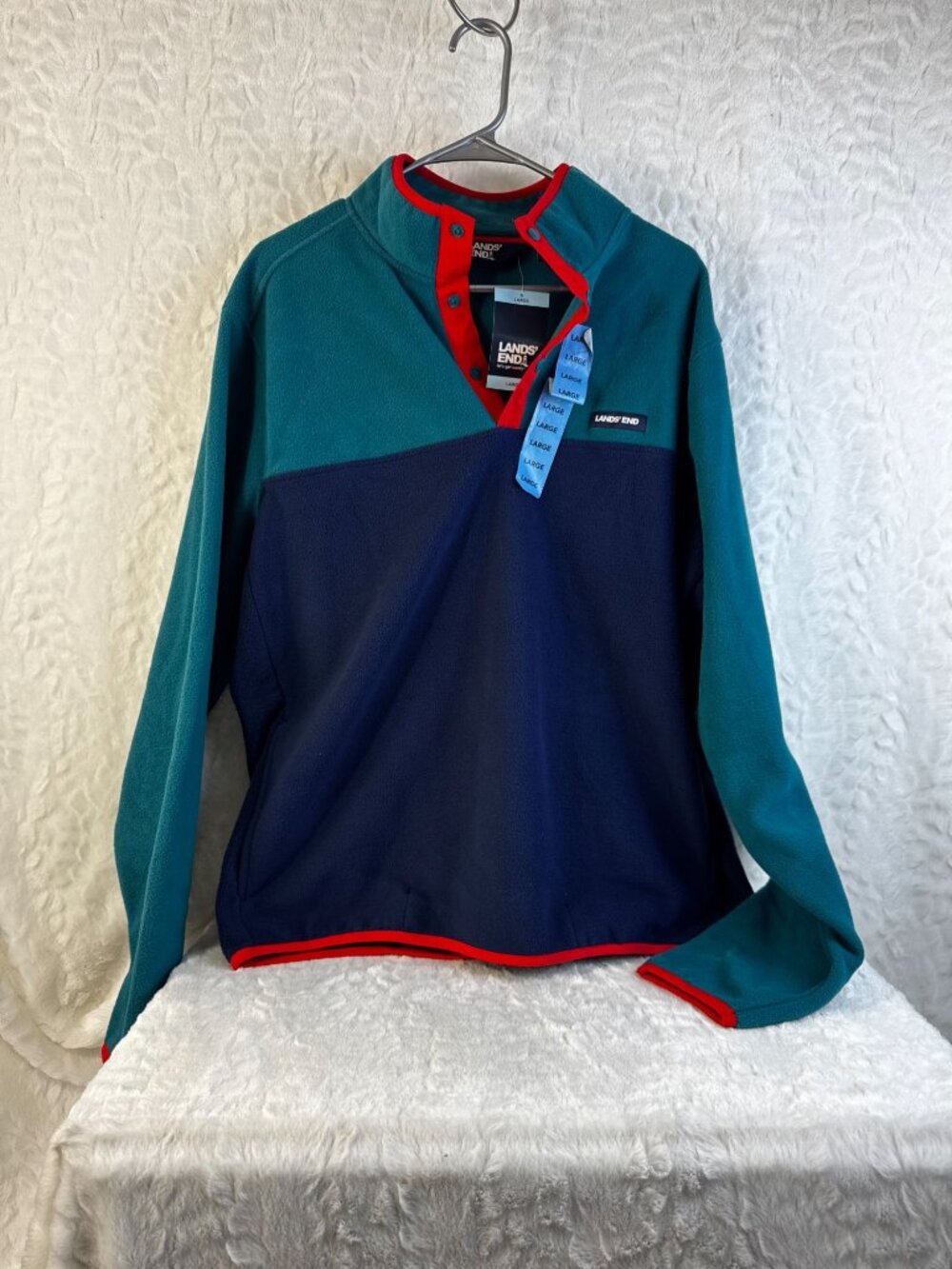 Lands End Mens Colorblock Fleece Pullover 1/4 Snap Neck Large Oeko-Tex nwt
